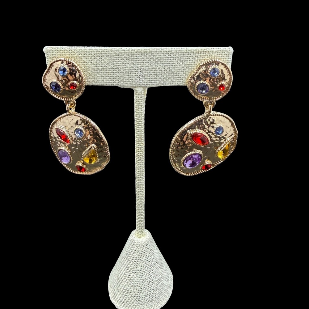 Charming Charlies Gold Hammered Statement Drop Earrings Multicolor‎ Gem Boho NWT - Picture 2 of 5